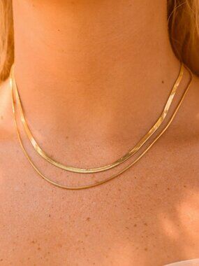 NEW 18k Gold PVD 2-in-1 Layered Herringbone and Snake Necklace
